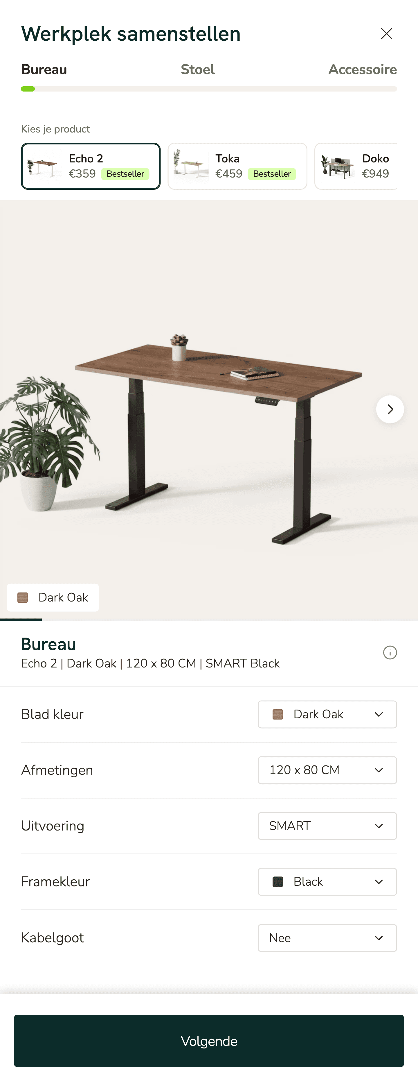 De werkplek-configurator van IVONO: stap Bureau met productkeuze, kleur, afmeting en uitvoering