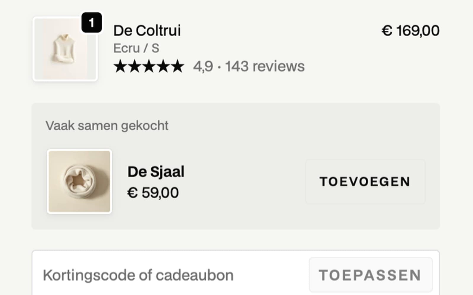 Upsell-kaart in de Shopify-checkout: De Coltrui in het mandje, De Sjaal als aanbod met een Toevoegen-knop