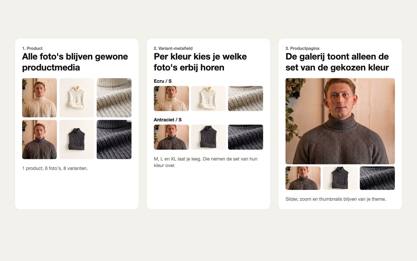 Drie stappen: productmedia, variant-metafield per kleur, galerij op de productpagina
