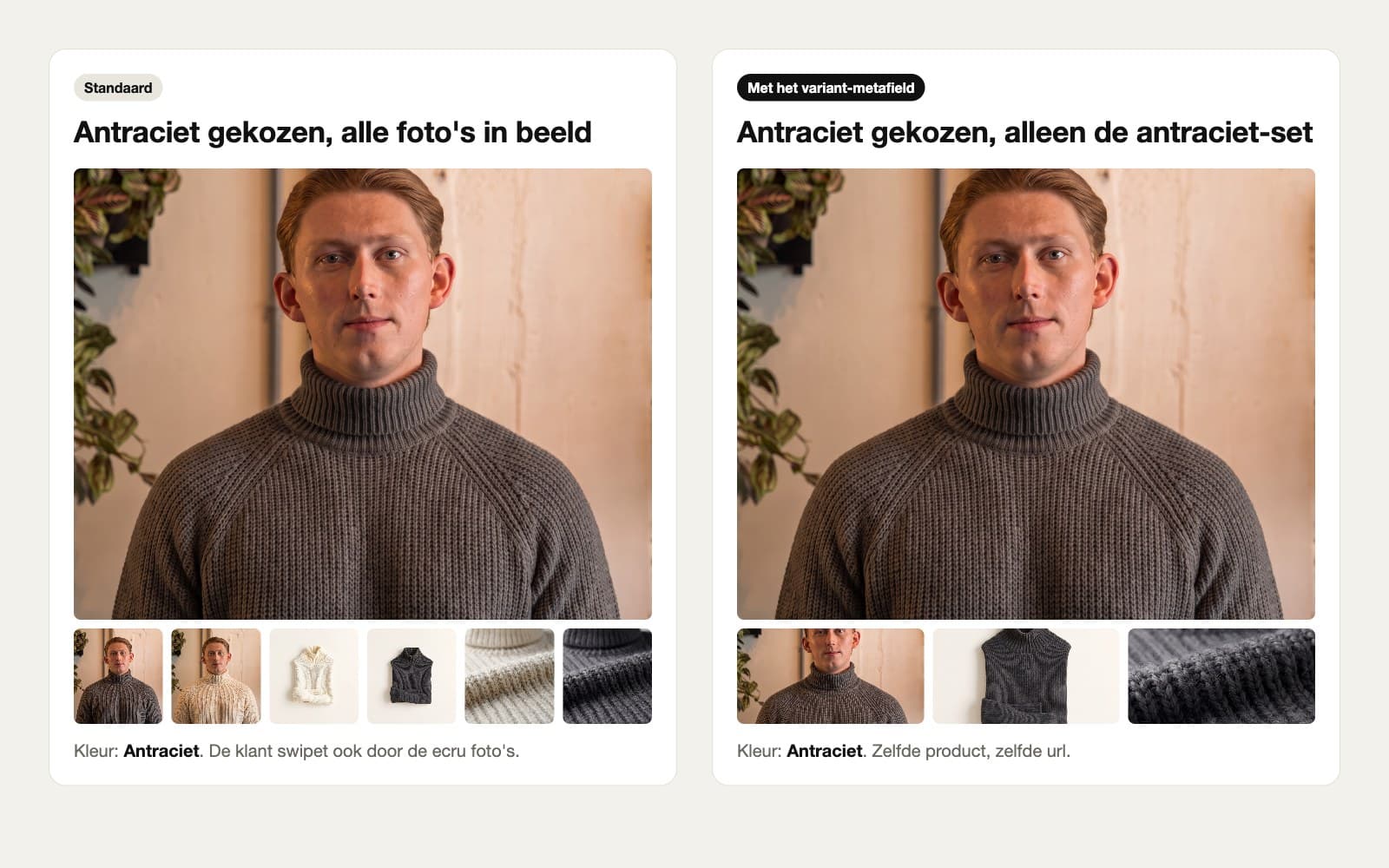 Links de standaard galerij met alle foto's van de coltrui, rechts alleen de antraciet-set na de variantwissel